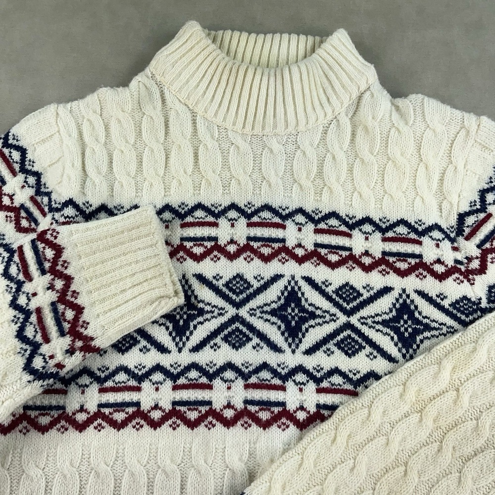 Vintage Lord Jeff Sweater Mens Medium White‎ Orlon Fair Isle Cable Knit 70s